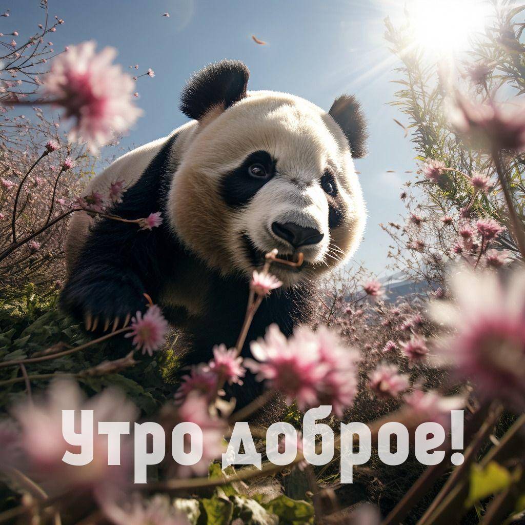 Утро, панда среди розовых цветов на траве под солнечными лучами