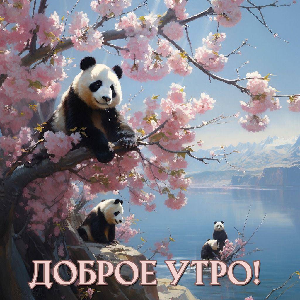 Утро, панды на ветках сакуры и у реки