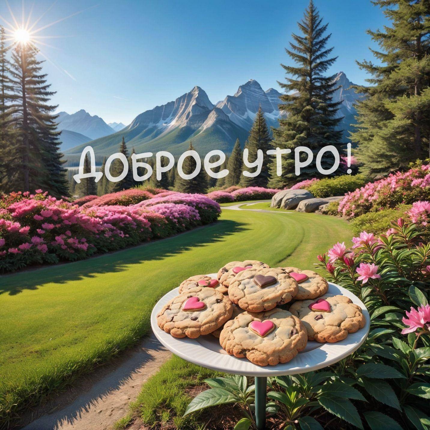 Утро, печенья с сердечками на белой тарелке, красивый пейзаж