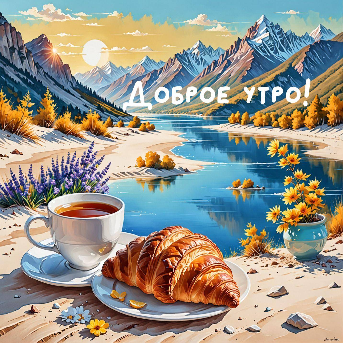 Утро, пейзаж: чай, круассан, цветы и горы