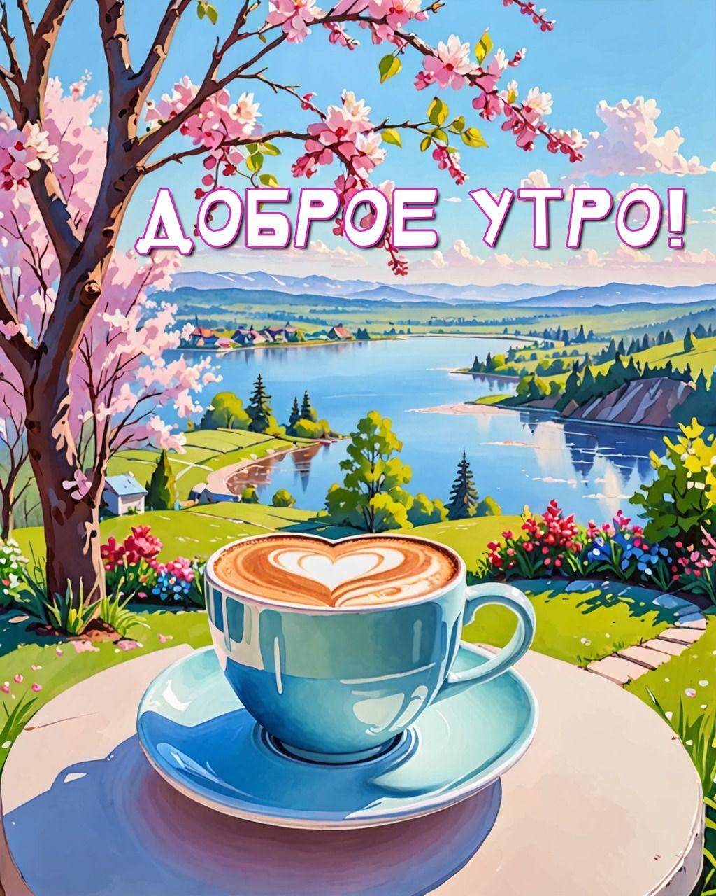 Утро, пейзаж с чашкой кофе и сакурой