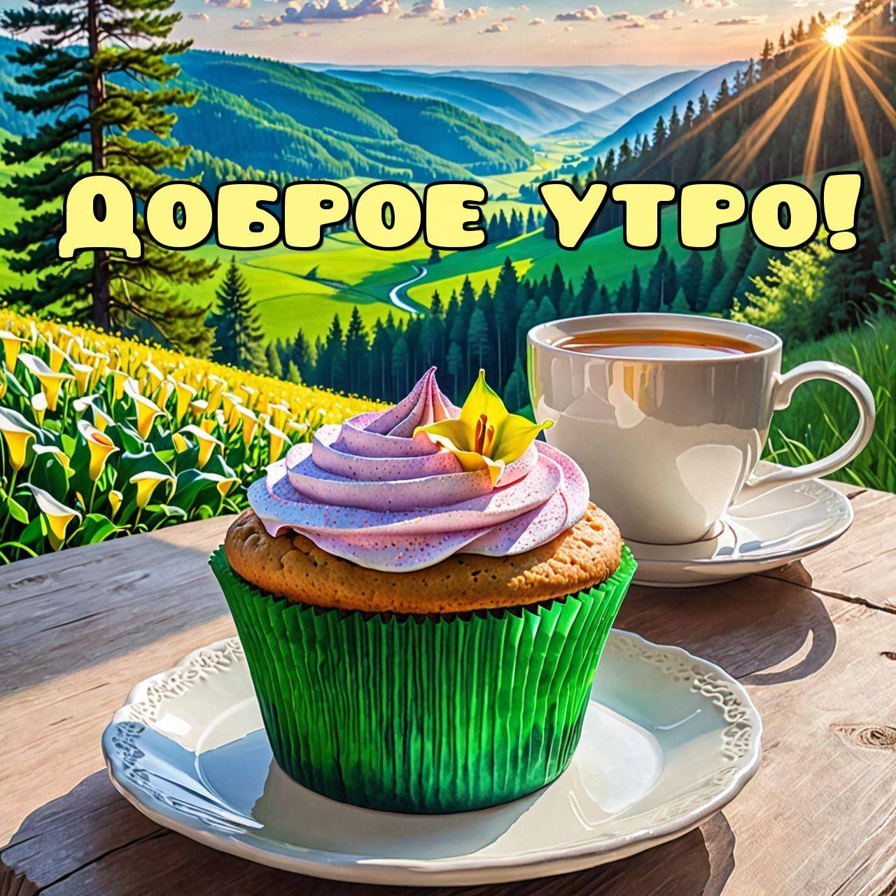 Утро, пейзаж с холмами, лесом и кексом на столе