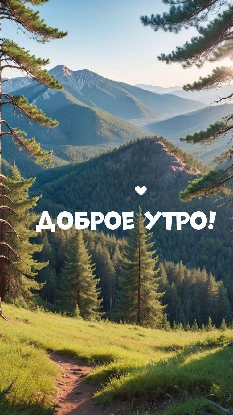 Утро, пейзаж с лесом и горами, тропинкой и сердечком