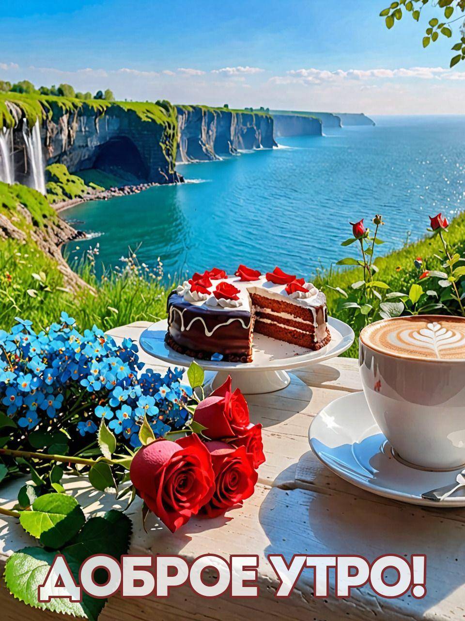 Утро, пейзаж с морем, стол с латте, торт
