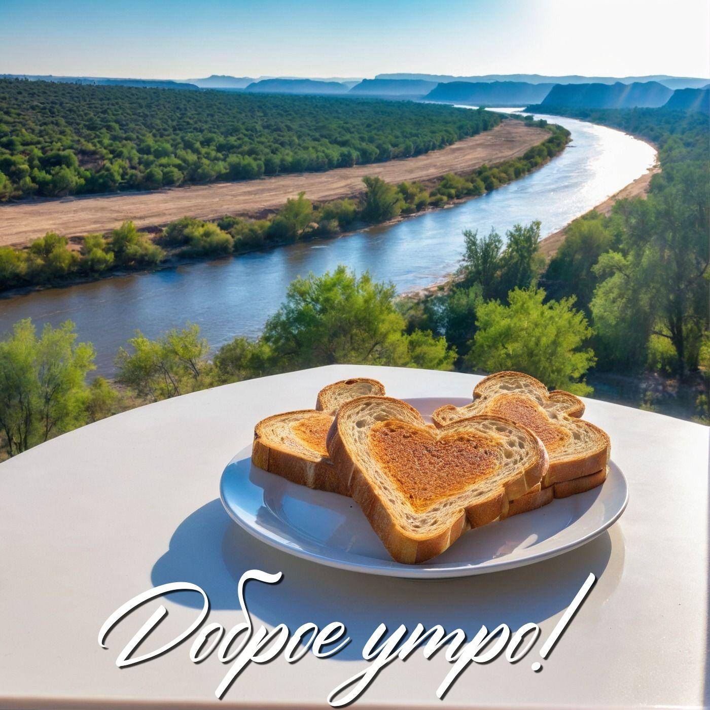 Утро, пейзаж с рекой, деревьями и хлебом в форме сердца