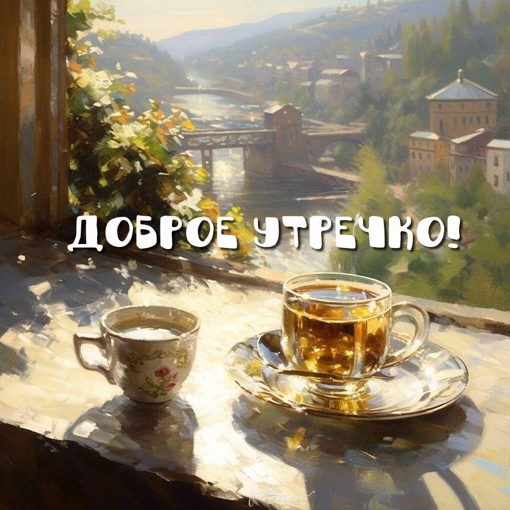 Утро, пейзаж с рекой, городом, холмами и чашками на подоконнике