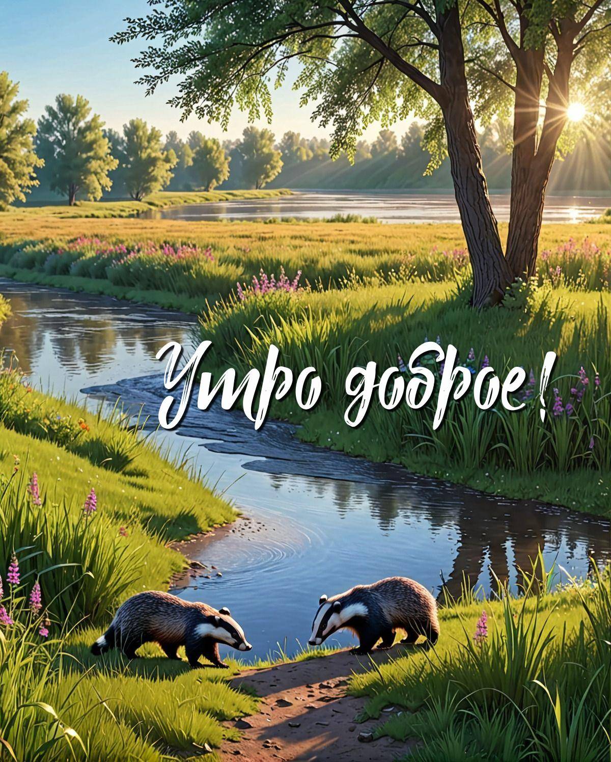 Утро, пейзаж с рекой и барсуками