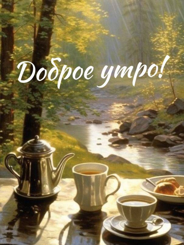 Утро, пейзаж с ручьём, стол с чаем