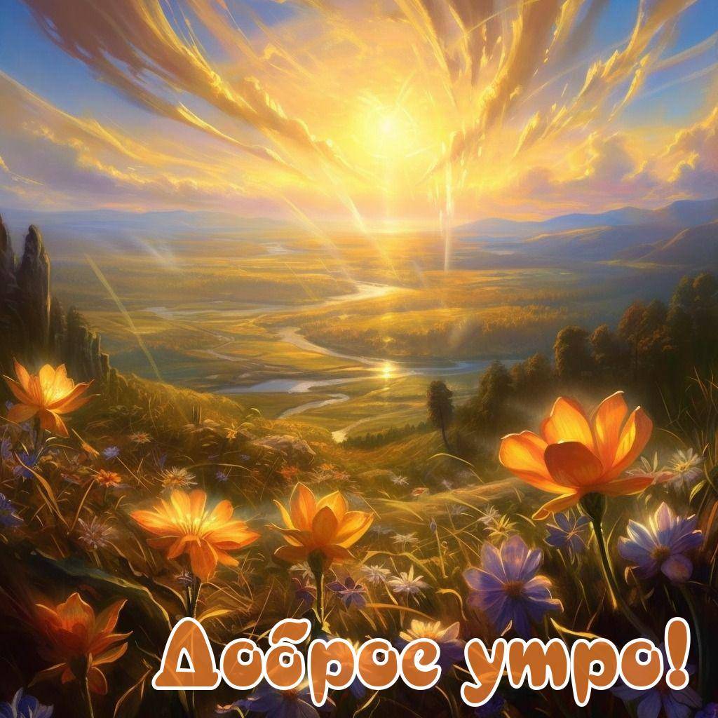 Утро, пейзаж с солнцем и цветами под закатом