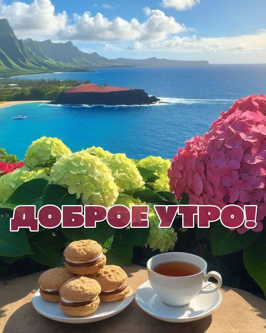 Утро, пейзаж с цветами гортензий, океаном и горами