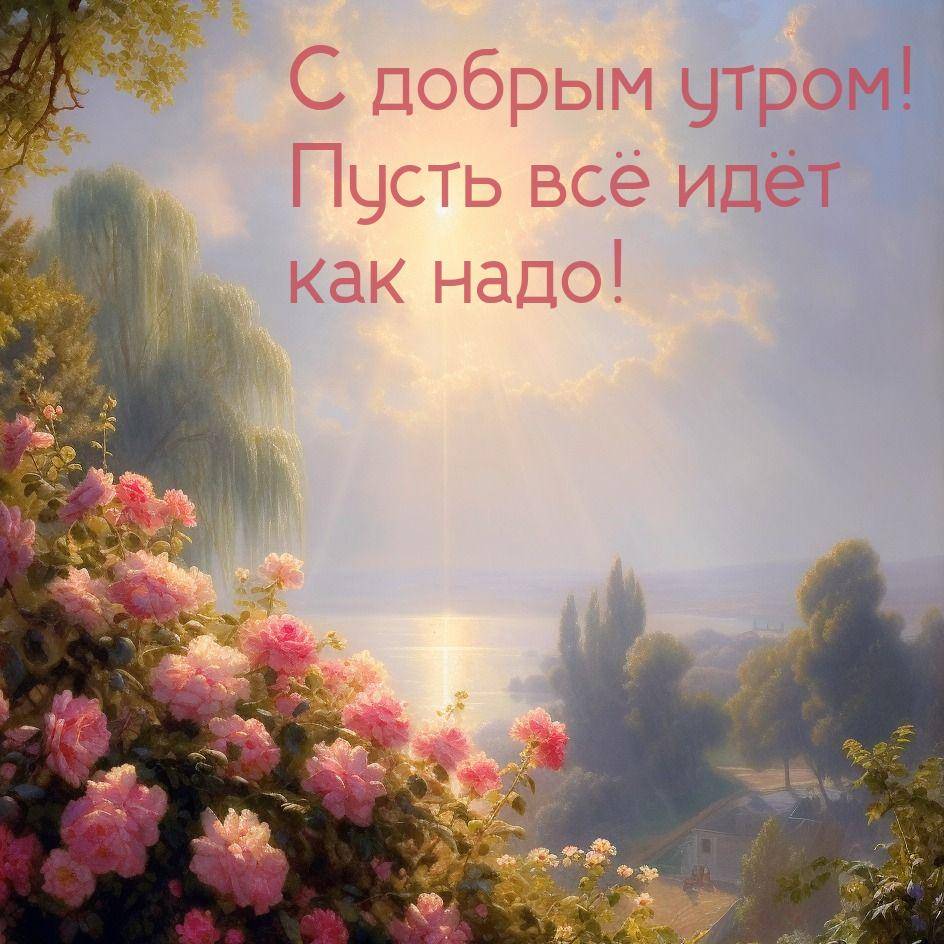 Утро, пейзаж с цветущим садом и розами