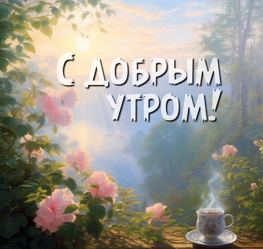 Утро, пейзаж с видом на озеро, цветы и чашка
