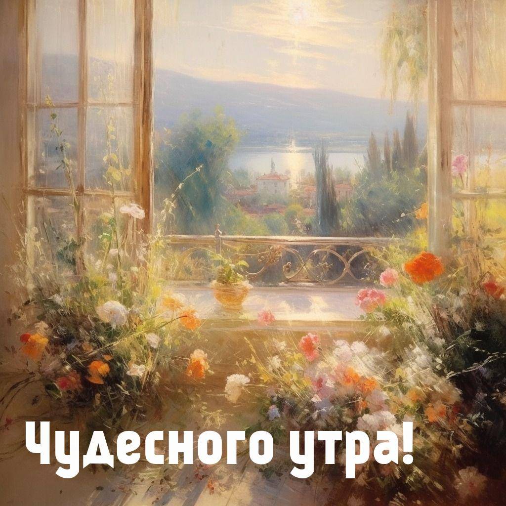 Утро, пейзаж за окном с цветами на подоконнике