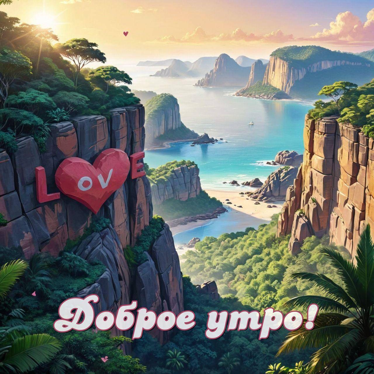 Утро, пейзаж: залив, скалы, буквы LOVE и парусник