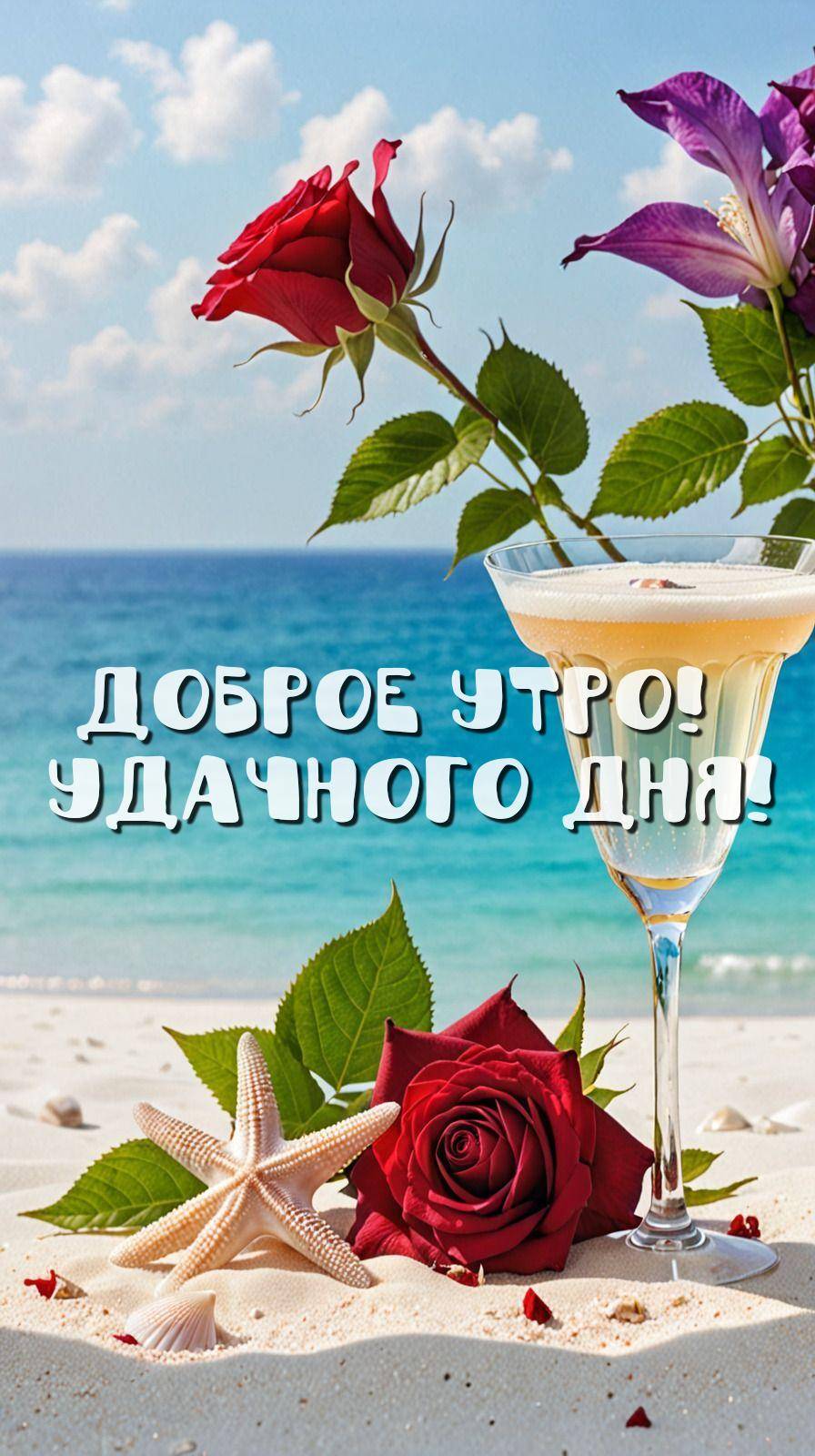 Утро, песчаный пляж с морской звездой и ракушкой