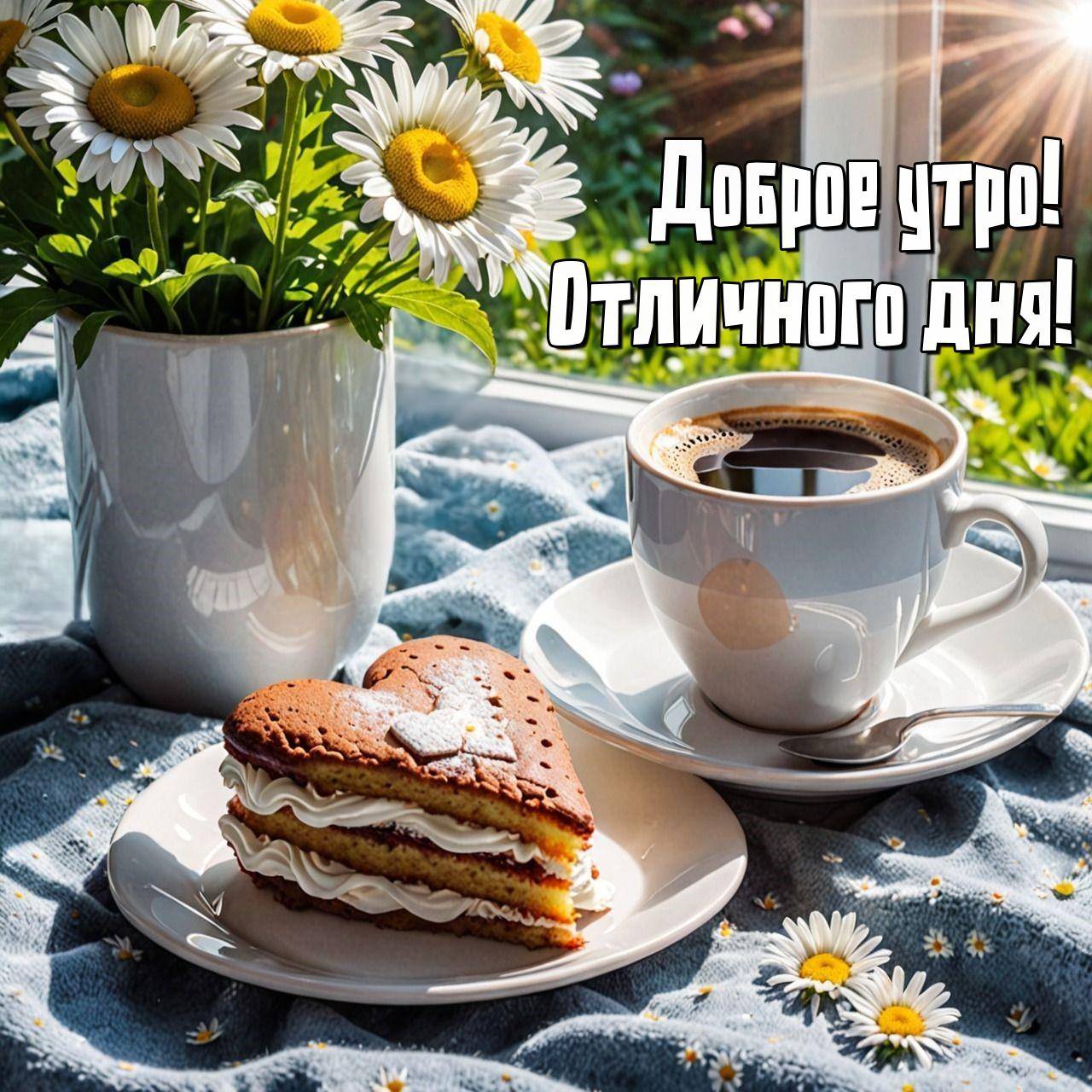 Утро, пирожное и чашка кофе на блюдце.