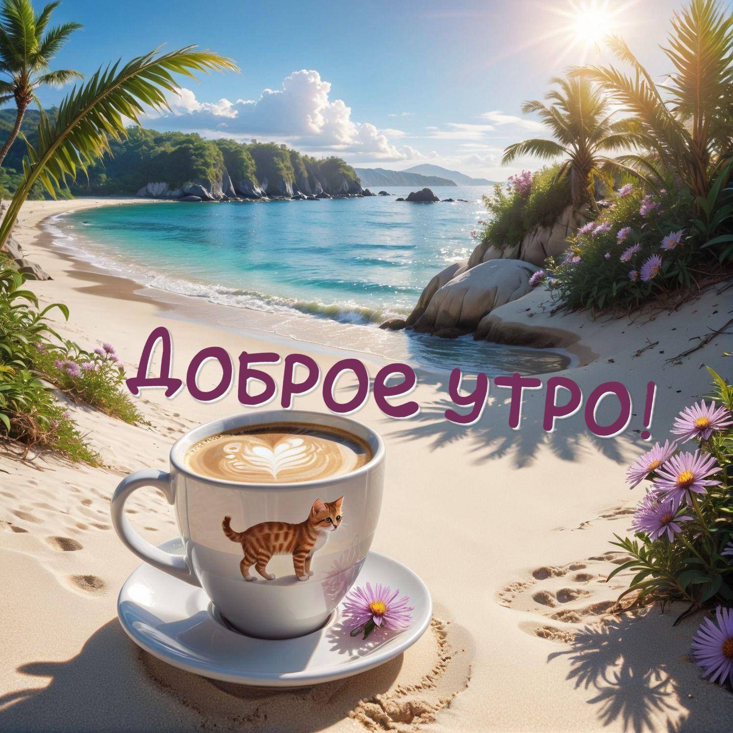 Утро, пляж, чашка кофе с котенком и цветком