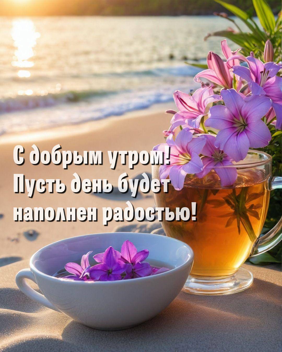 Утро, пляж, кружка с чаем и цветами, океан на закате