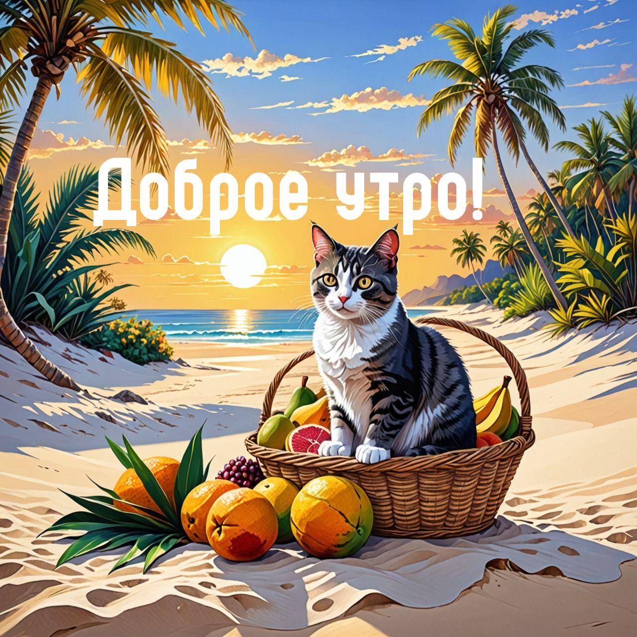Утро, пляж на закате, корзина с фруктами и кот