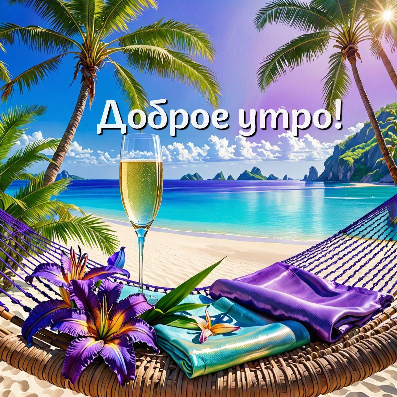 Утро, пляж с белым песком и гамаком