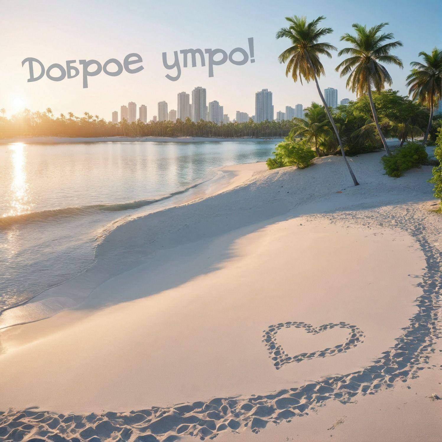Утро, пляж с белым песком и пальмами
