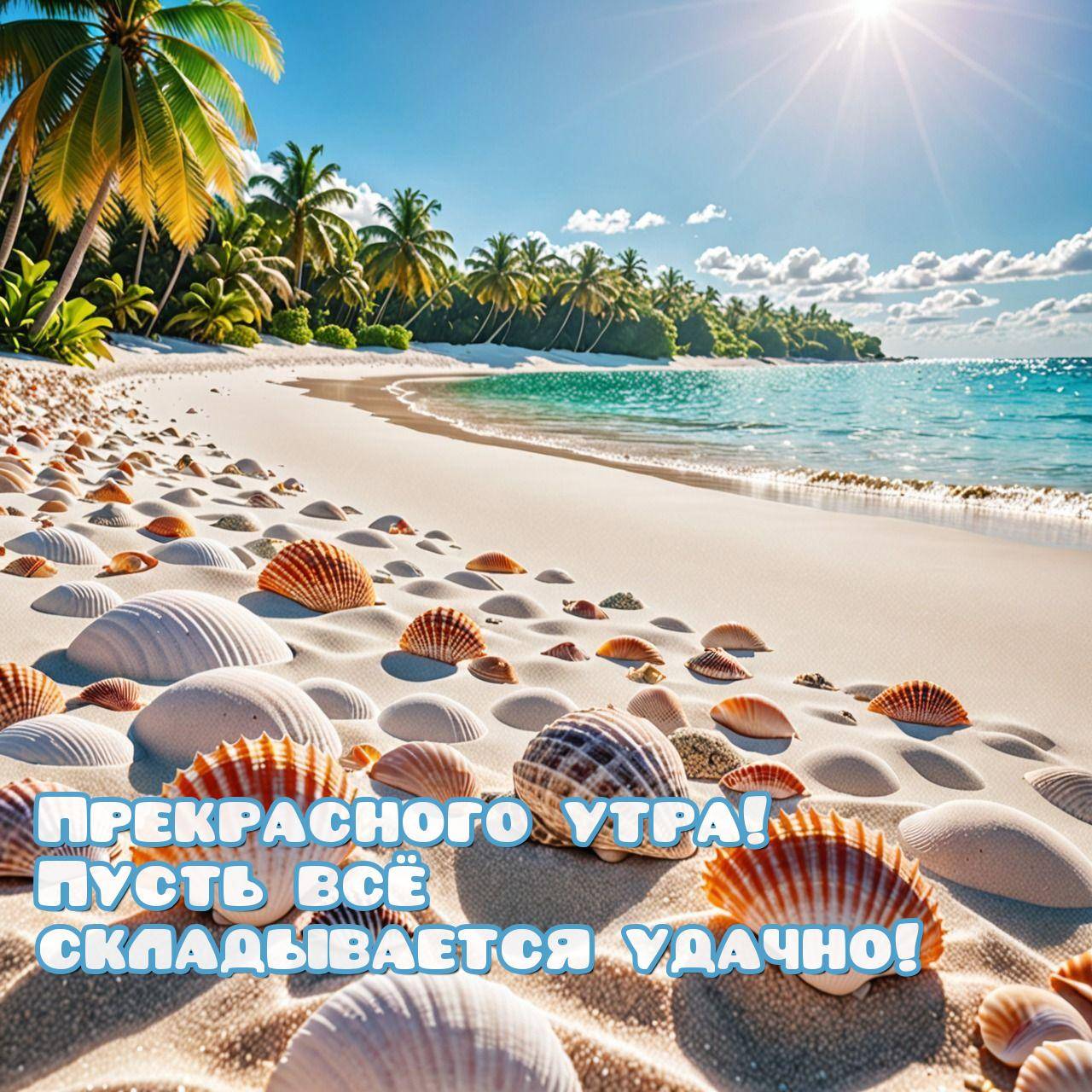 Утро, пляж с белым песком и ракушками. Пальмы на заднем плане.