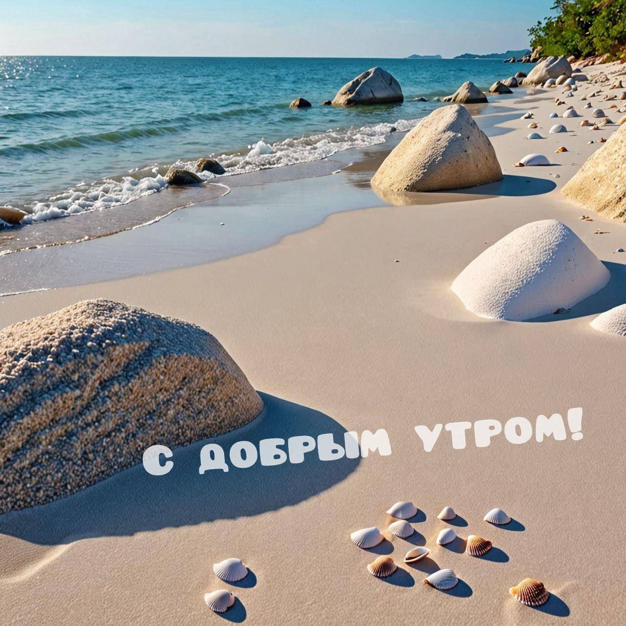 Утро, пляж с белым песком, камни, ракушки, синий океан