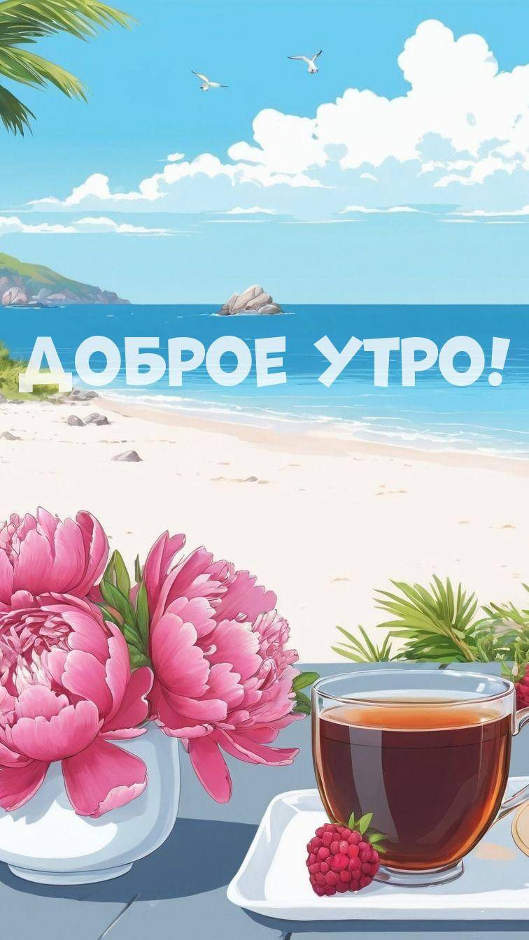 Утро, пляж, стол с вазой и пионы