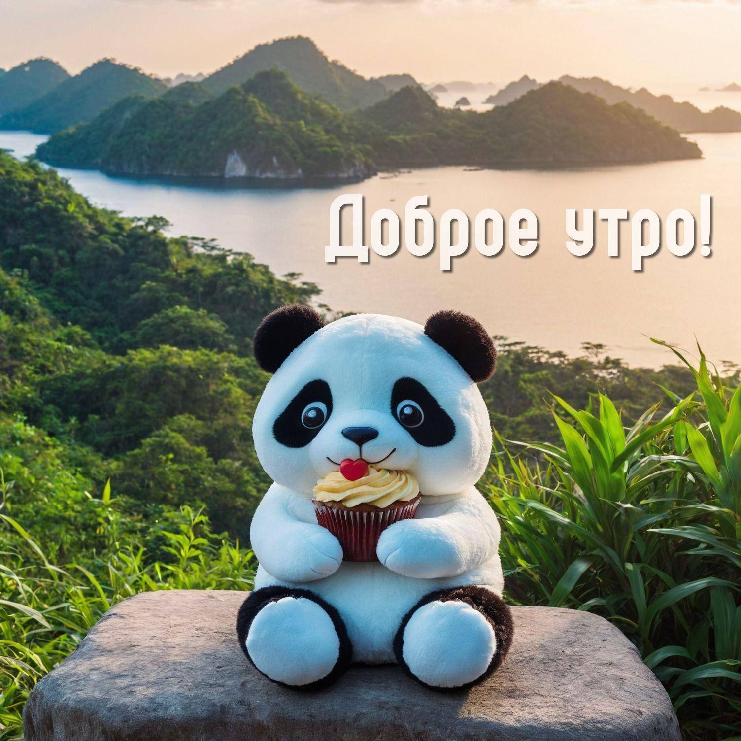 Утро, плюшевая панда с кексом на фоне пейзажа