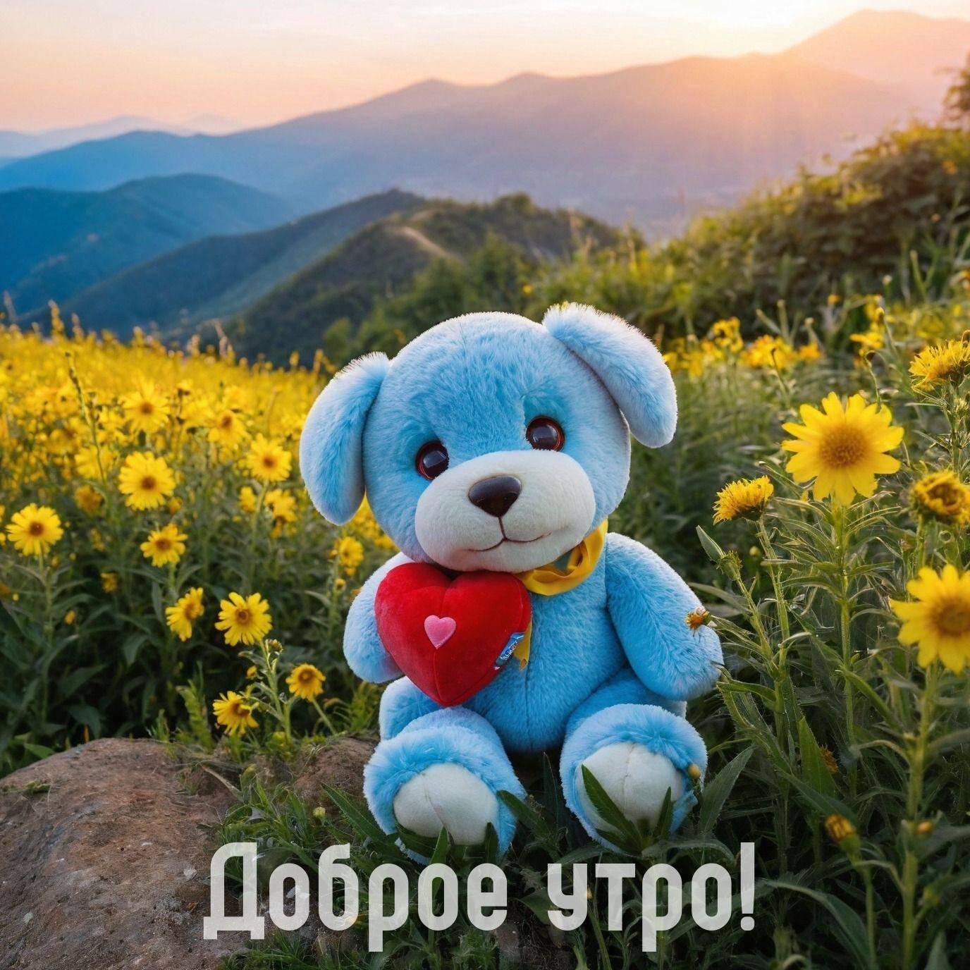Утро, плюшевый медведь с сердцем сидит в поле с цветами