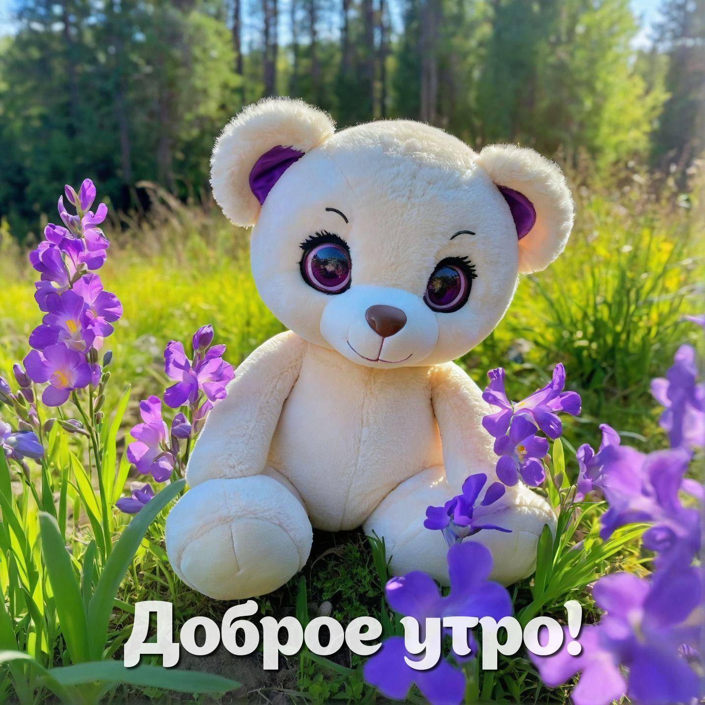 Утро, плюшевый медвежонок с фиолетовыми ушками