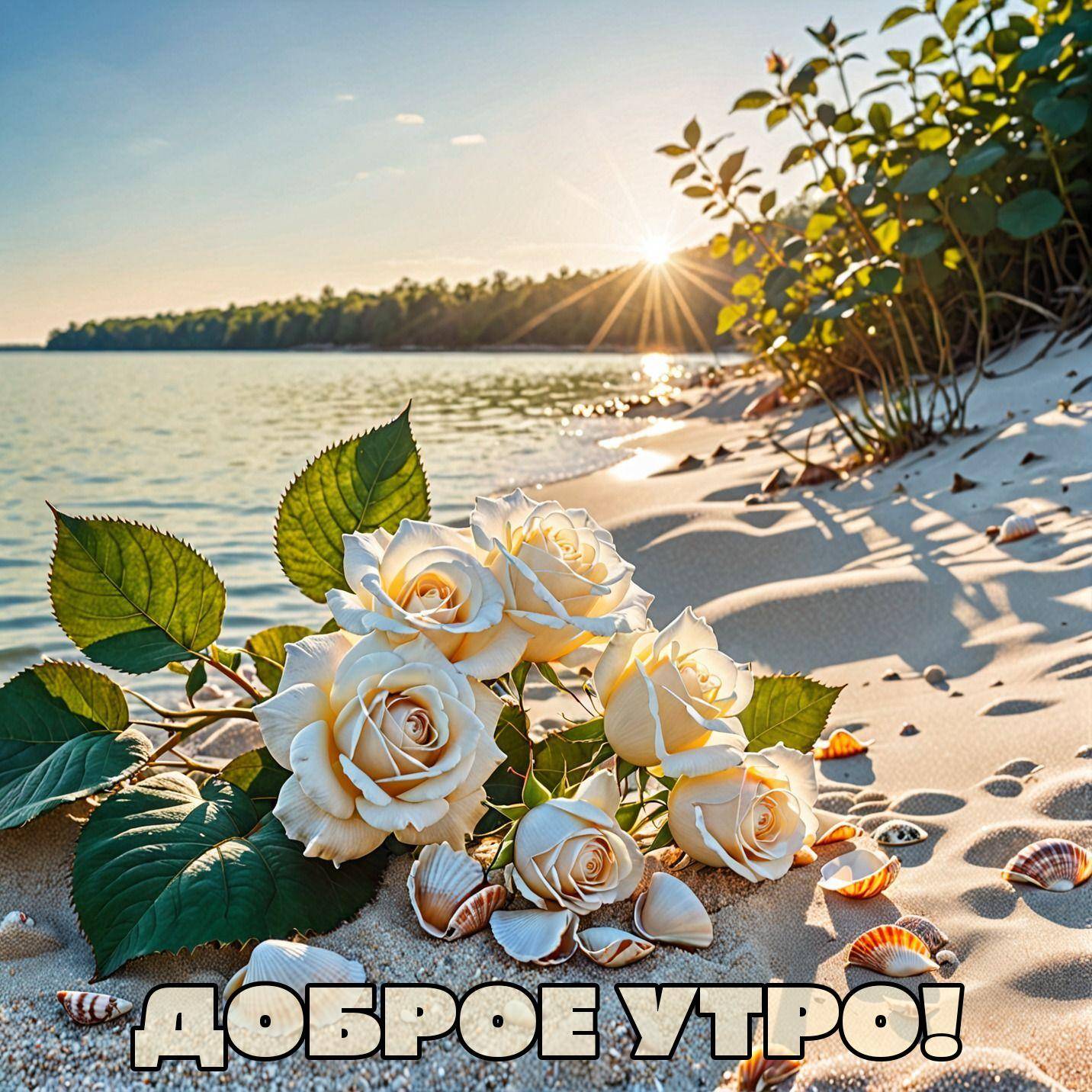 Утро, побережье с белыми розами и ракушками на песке