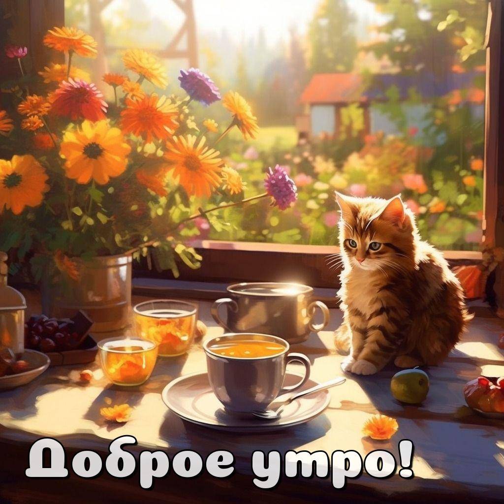 Утро, подоконник с цветами, чаем и котенком