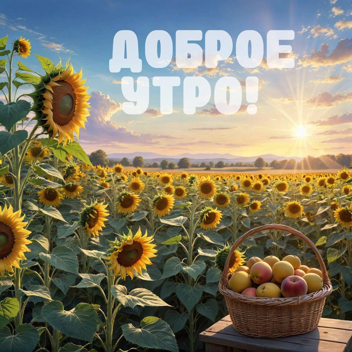 Утро, поле с подсолнухами на закате, корзина с яблоками