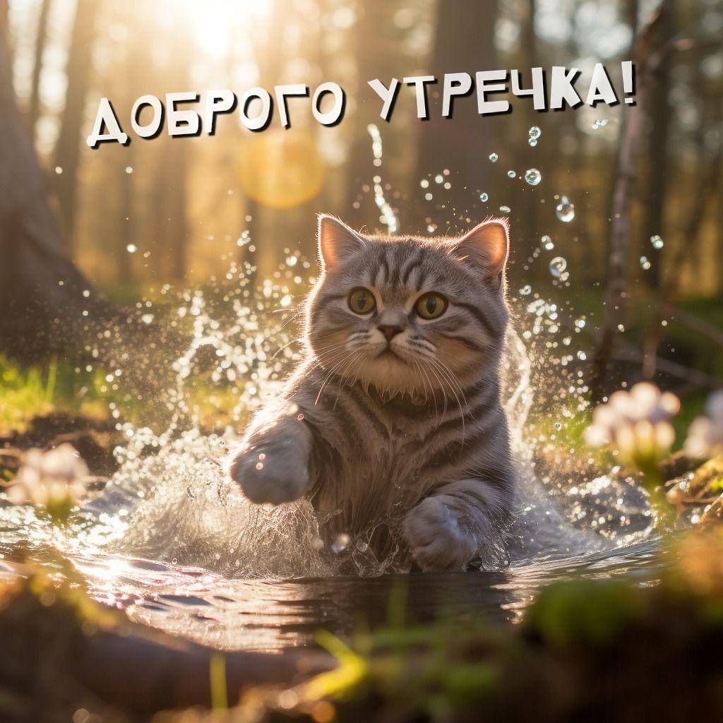 Утро, полосатый кот прыгает по воде в лесу