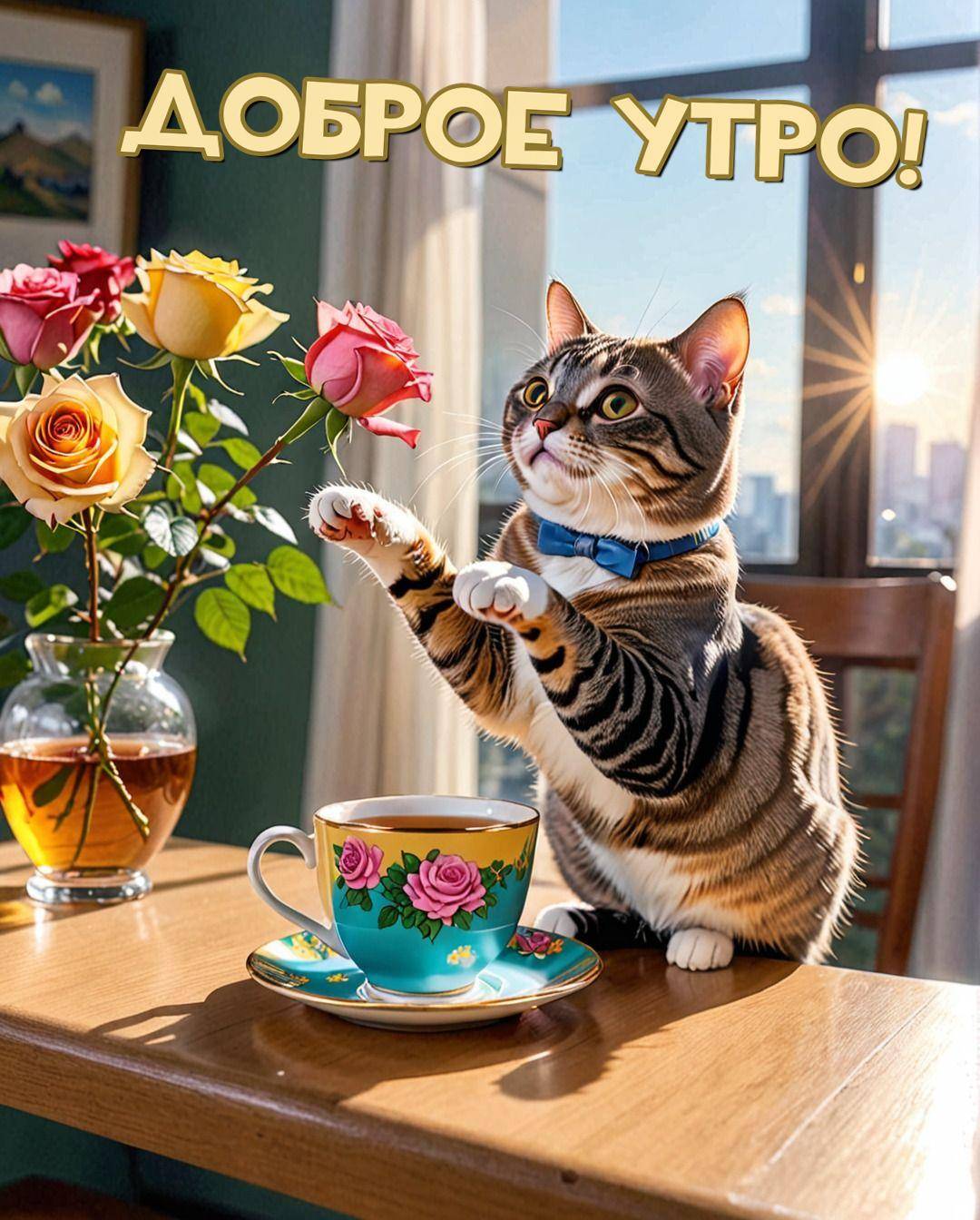Утро, полосатый кот с бантиком тянется к букету роз