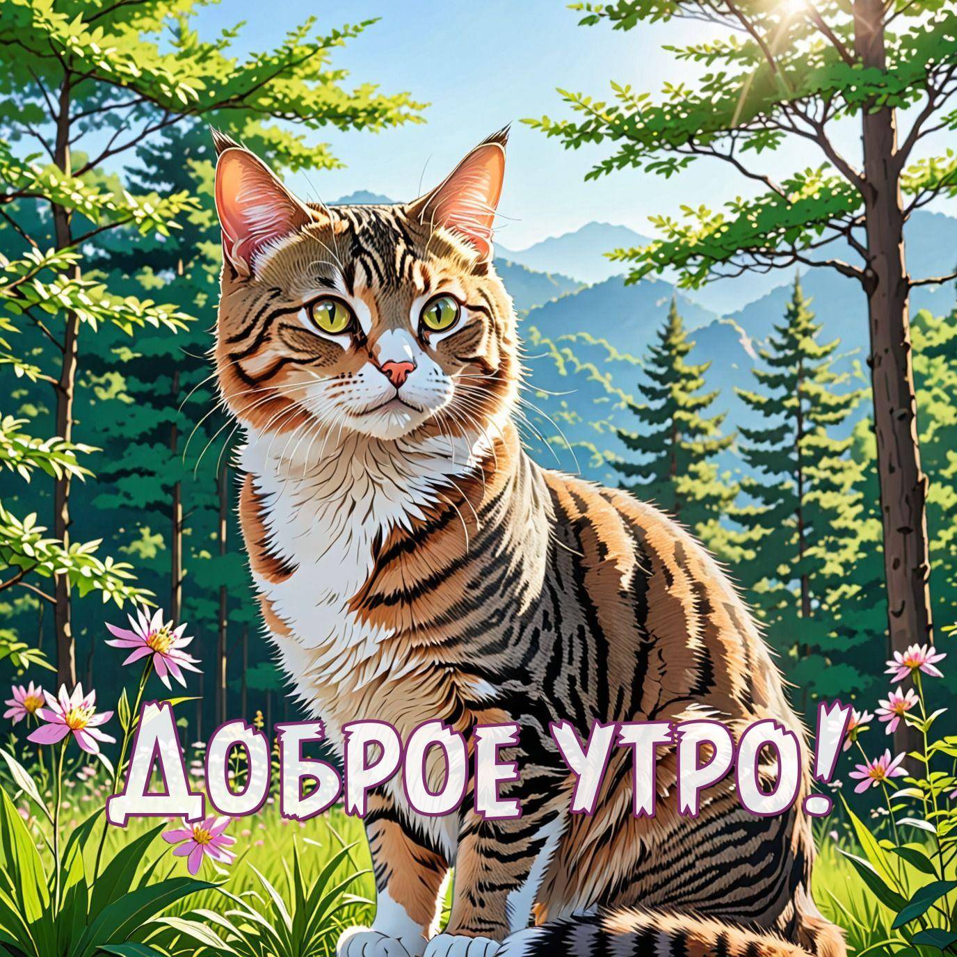 Утро, полосатый кот с зелеными глазами среди цветов в лесу