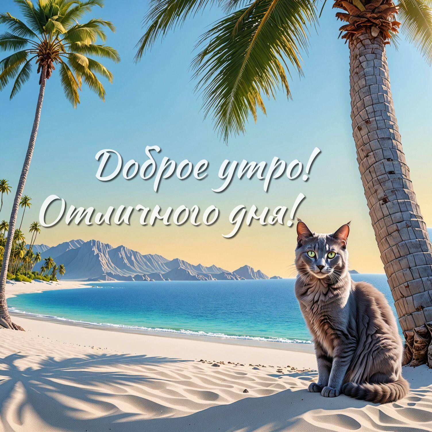 Утро, полосатый серый кот на тропическом пляже