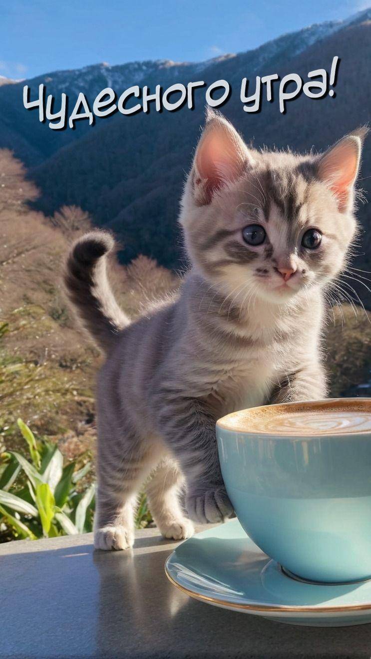 Утро, полосатый серый котёнок рядом с чашкой кофе