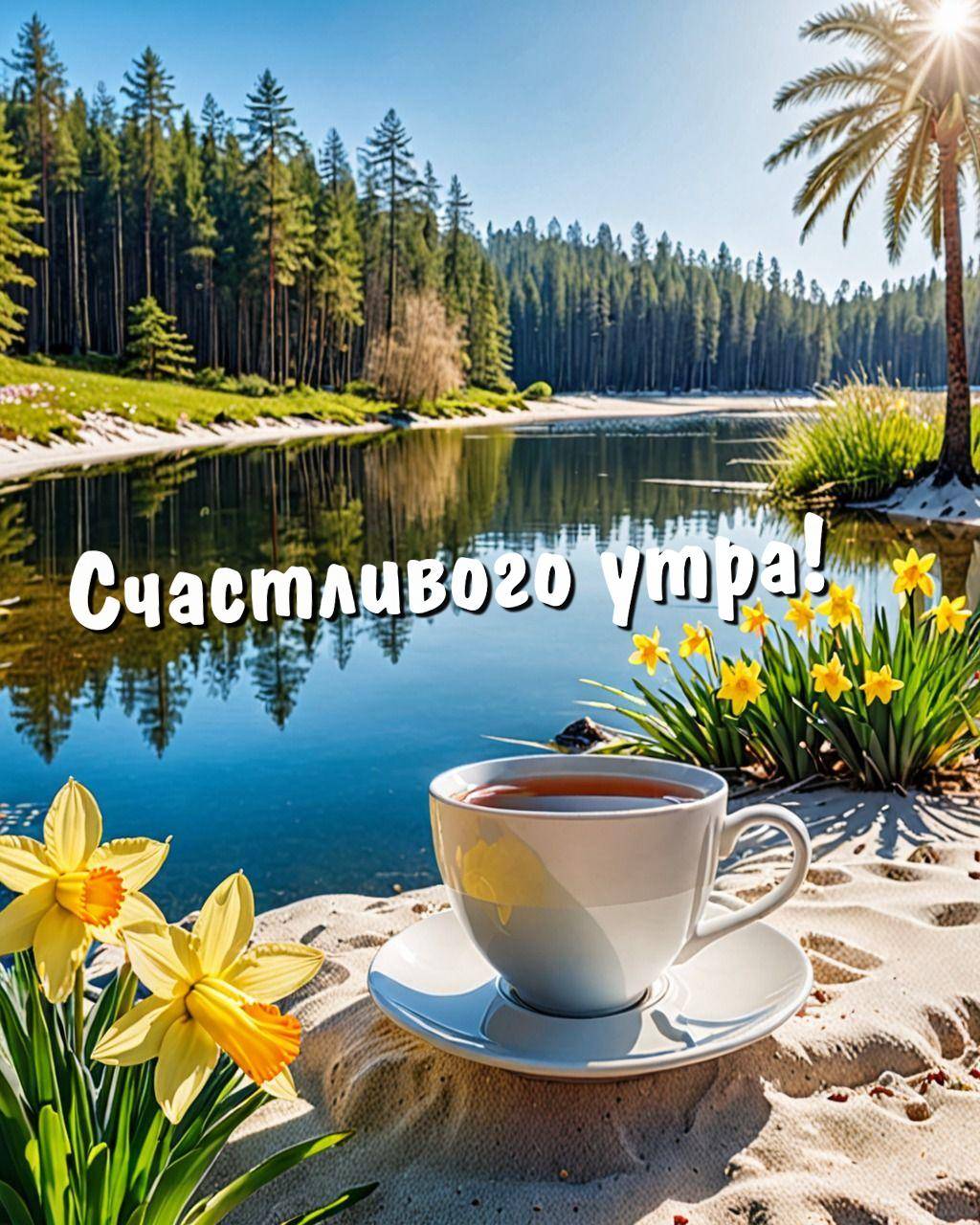 Утро, прекрасный пейзаж: берег озера с лесом, чашка чая