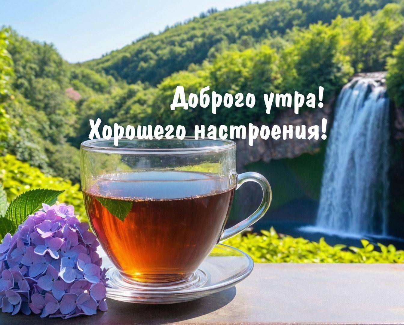 Утро, прозрачная чашка чая, ветка цветов и водопад