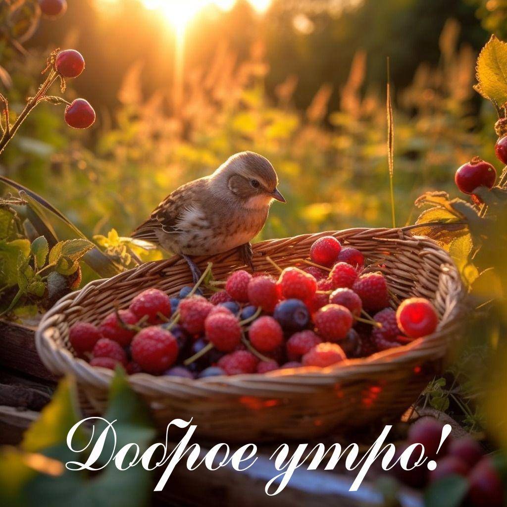 Утро, птичка на краю корзины с ягодами