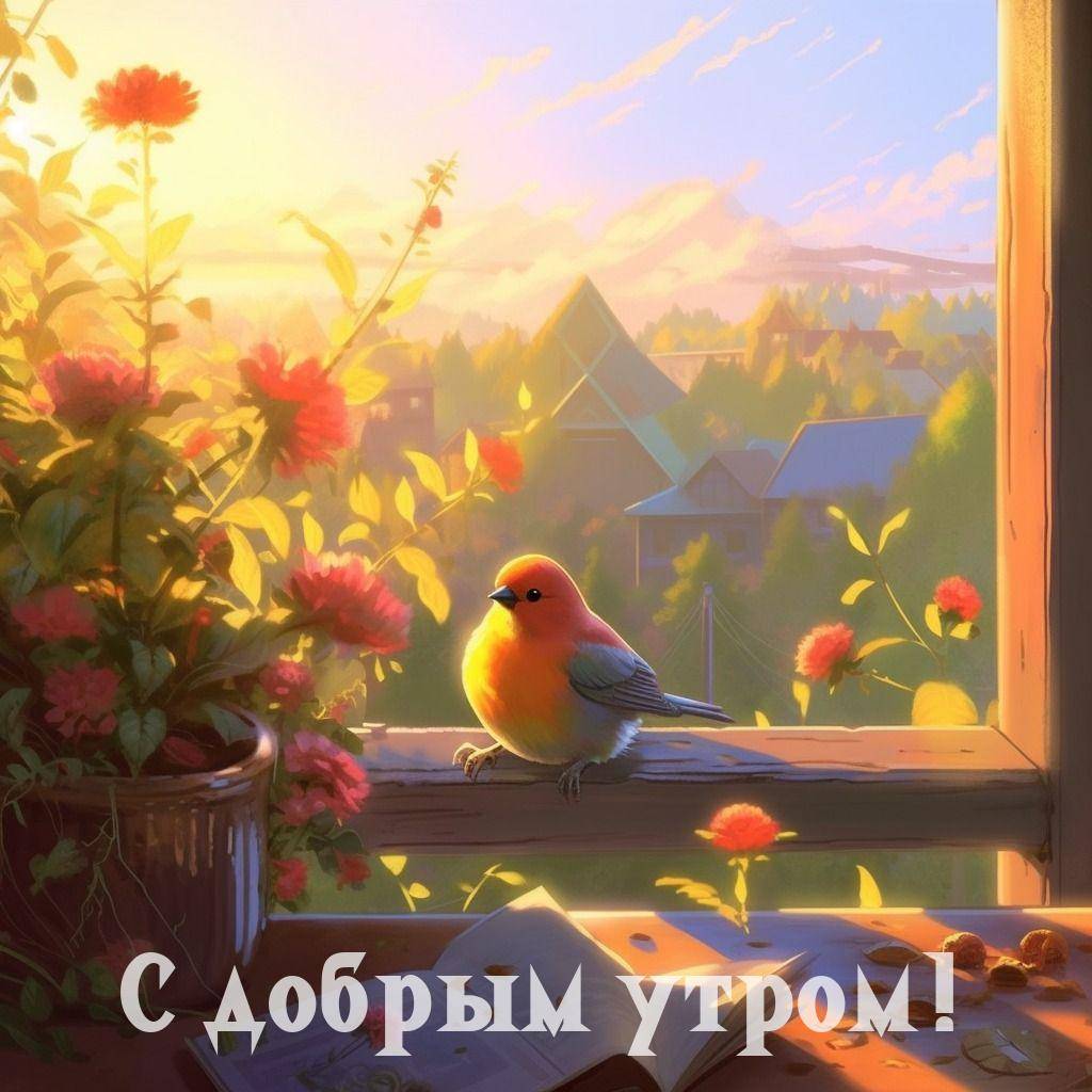 Утро, птичка на подоконнике с цветами и книгой