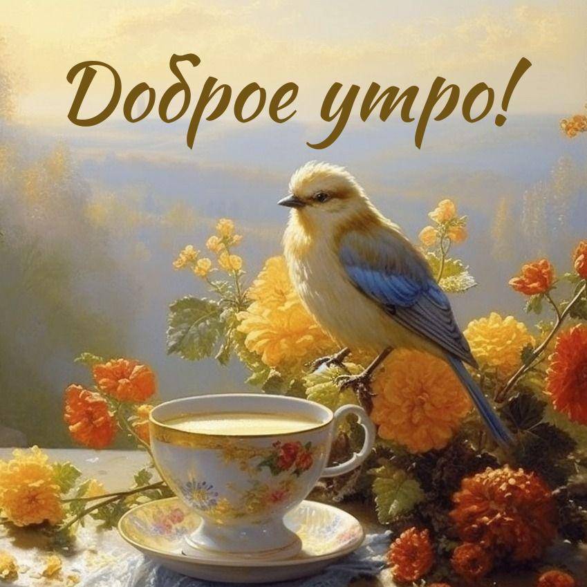 Утро, птичка с жёлто-синим оперением на ветке среди цветов.