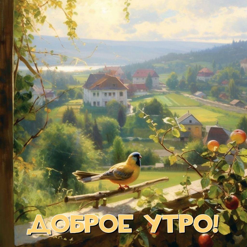 Утро, птица на ветке среди яблок на фоне пейзажа