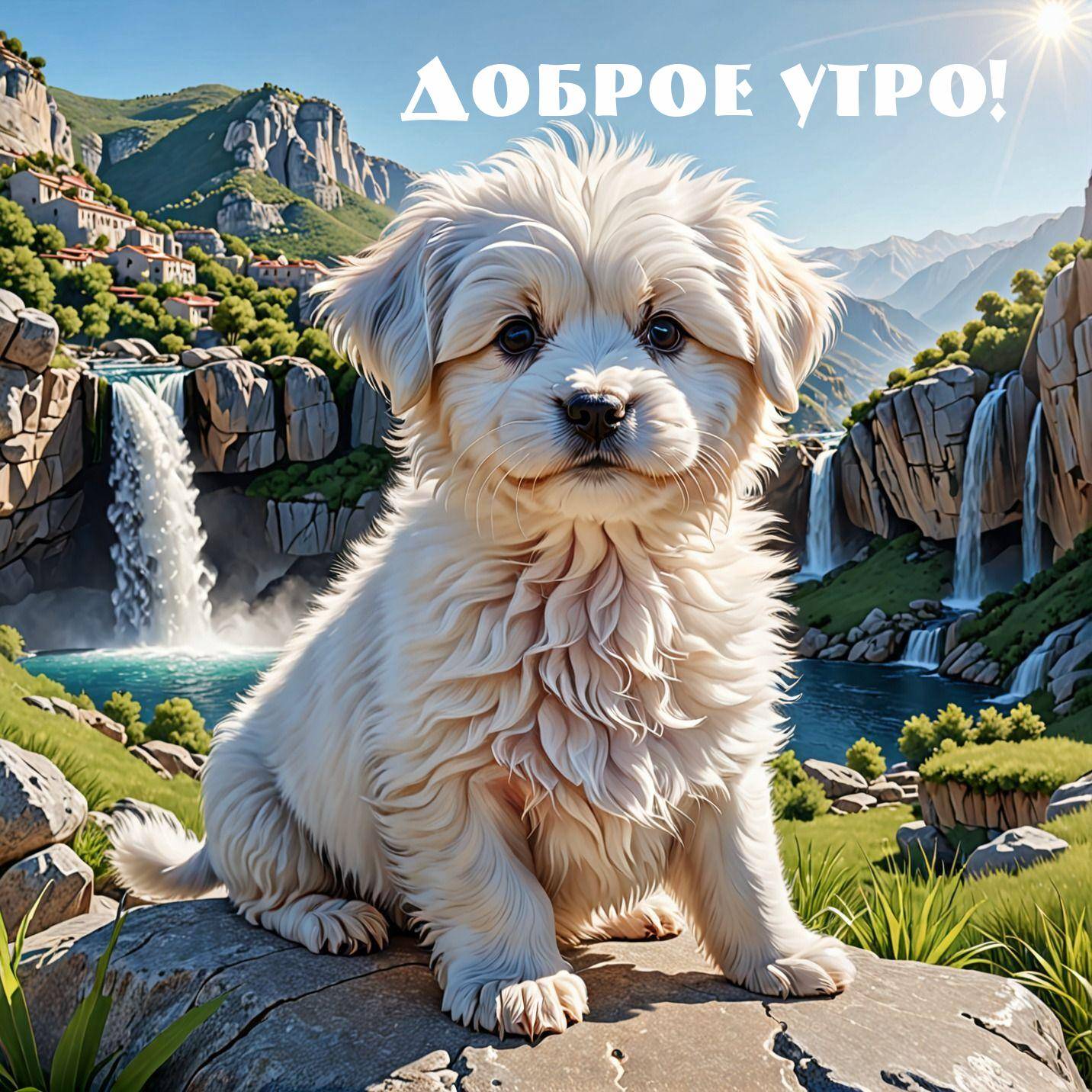 Утро, пушистая белая собака на фоне пейзажа