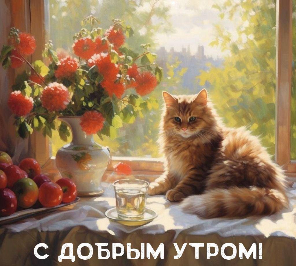Утро, пушистая рыжая кошка на подоконнике рядом с вазой