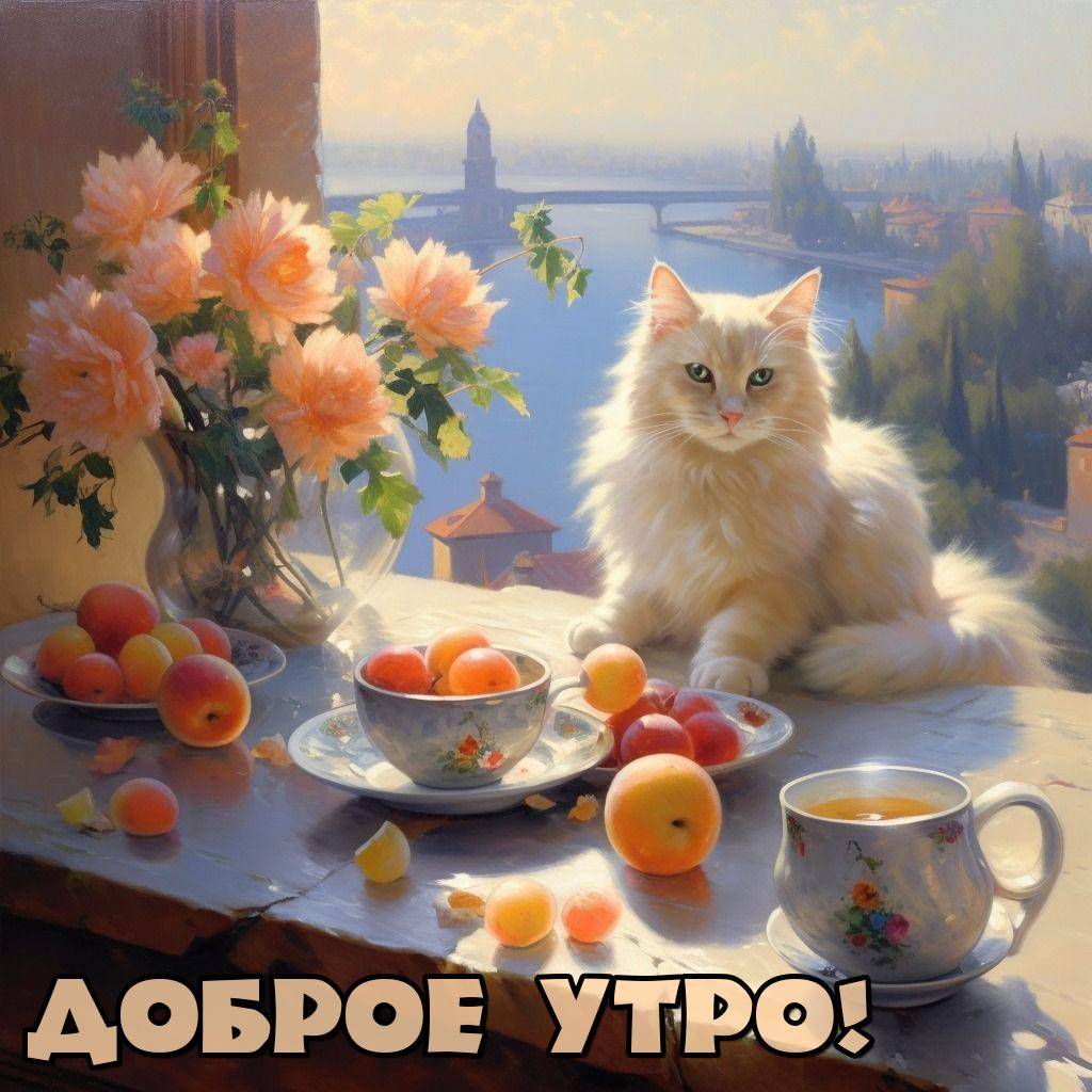 Утро, пушистый белый кот, подоконник, ваза с розами, чашка чая