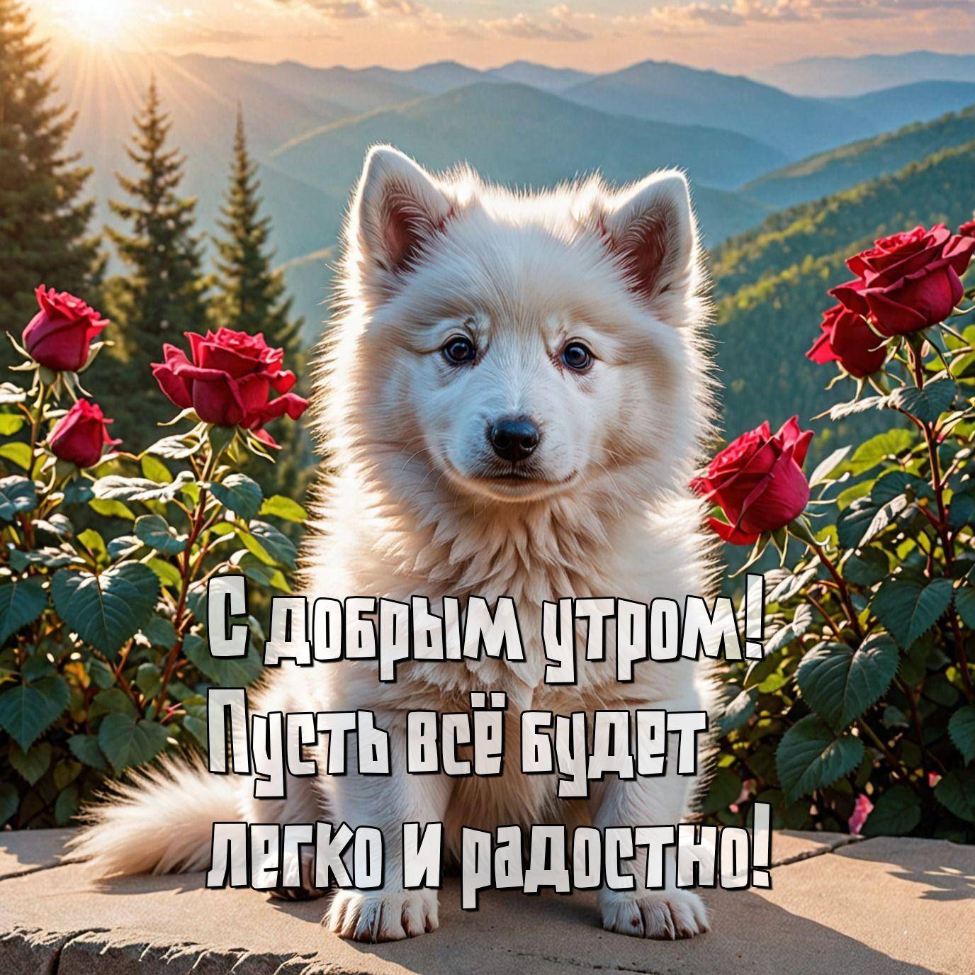 Утро, пушистый белый щенок на камне с красными розами и горным фоном