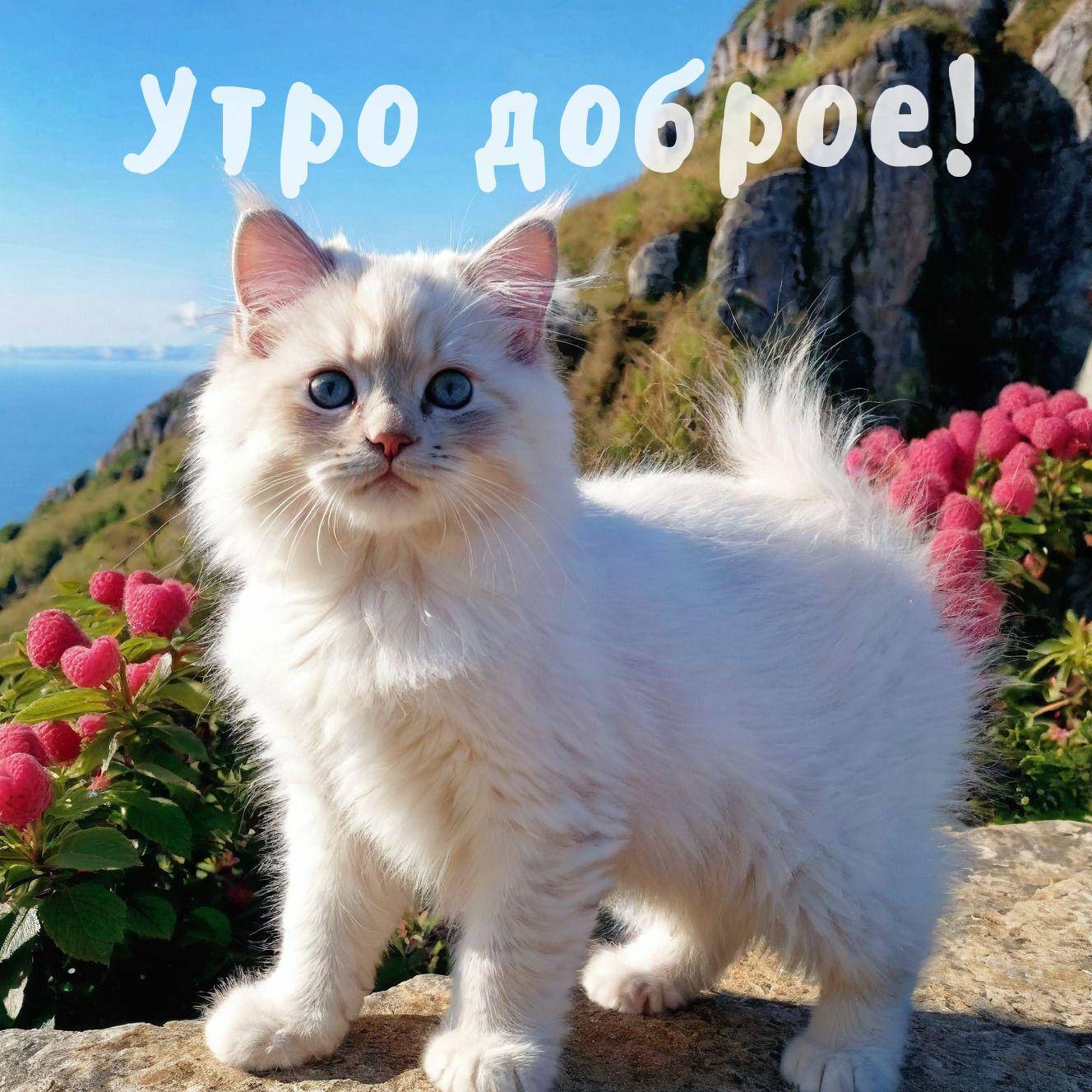 Утро, пушистый бело-кремовый котенок на фоне скал и моря
